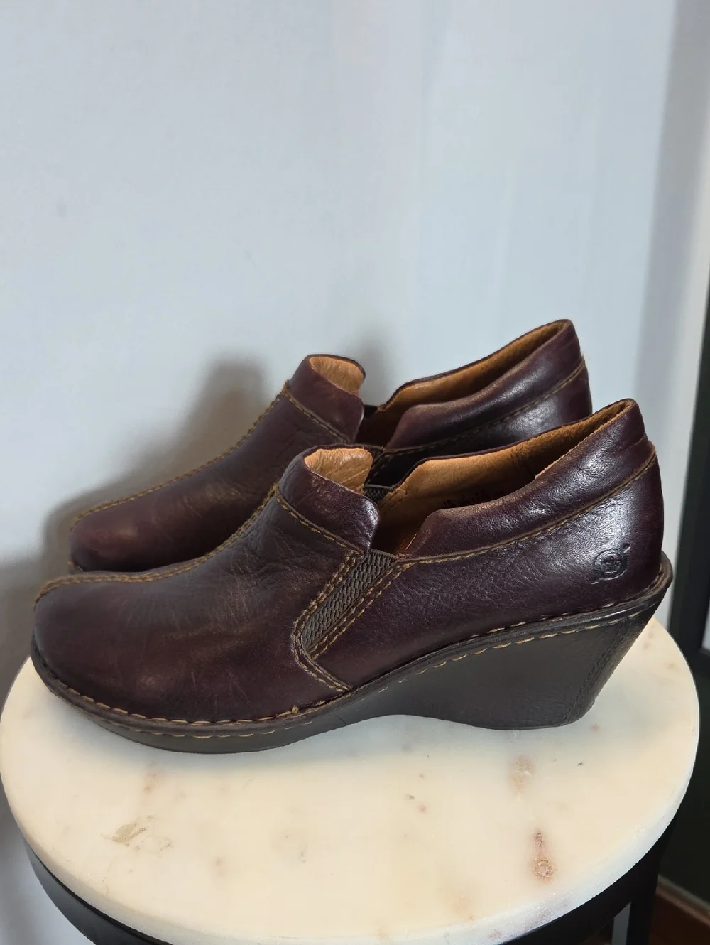 Born Women's Burgundy Leather Wedge Clogs Size 10
